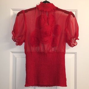 Sheer Red Blouse with Roses